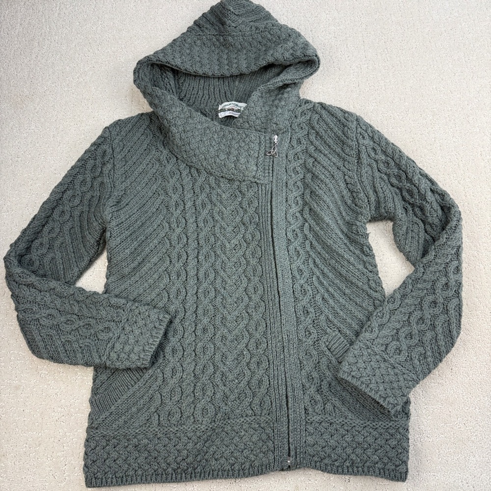 Aran Crafts Side Zip Hooded Cardigan Womens L Grey Merino Wool Cable Knit Irish